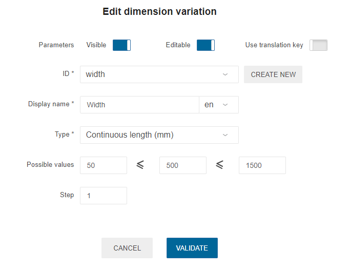 Dimensions parameters